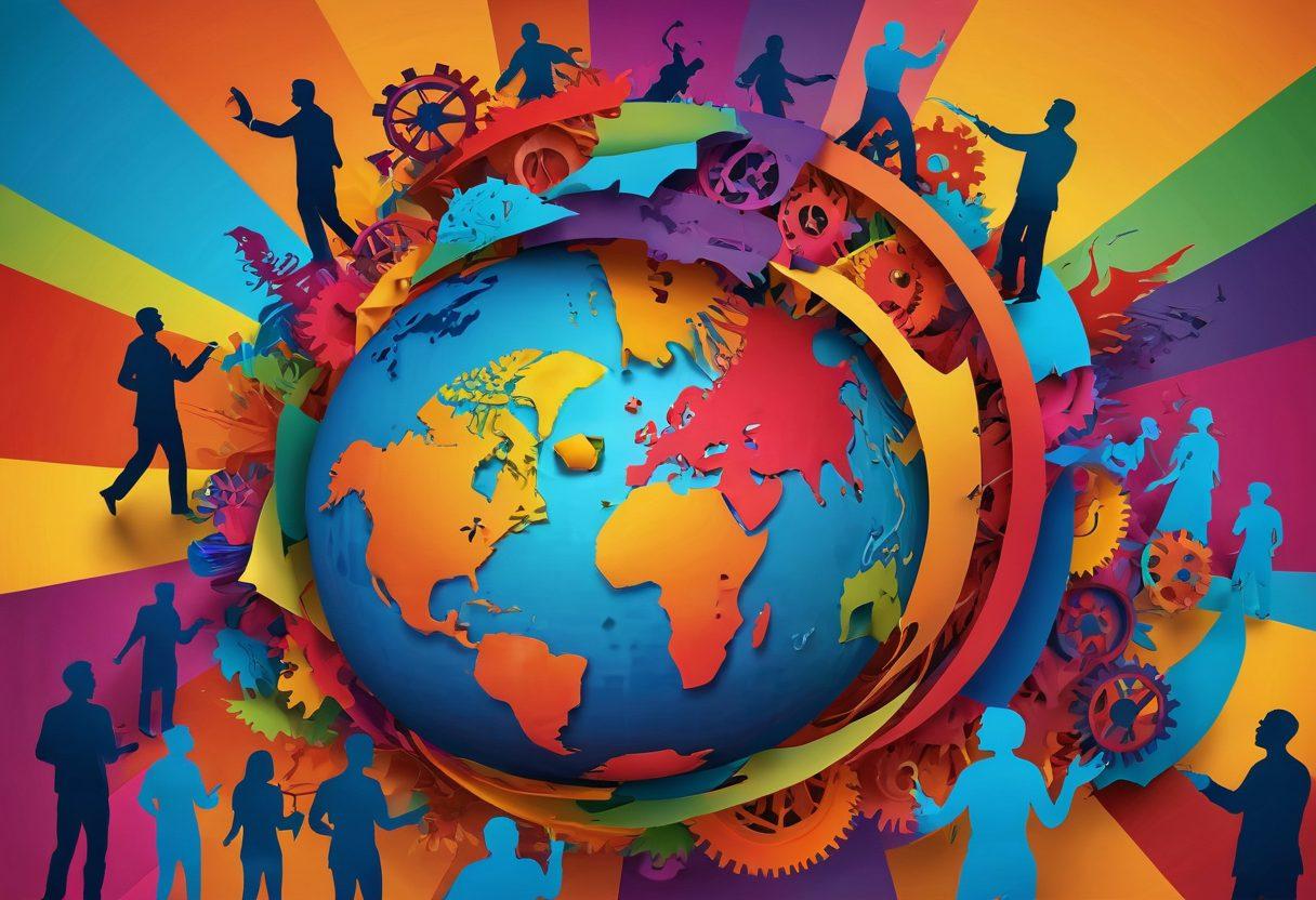 A dynamic collage showcasing diverse cultural symbols like a globe, vibrant patterns, and innovative business elements such as charts and gears, merging seamlessly together. Background featuring silhouettes of people interacting, symbolizing collaboration across cultures. Incorporate bright, engaging colors to reflect innovation and creativity. super-realistic. vibrant colors. 3D.