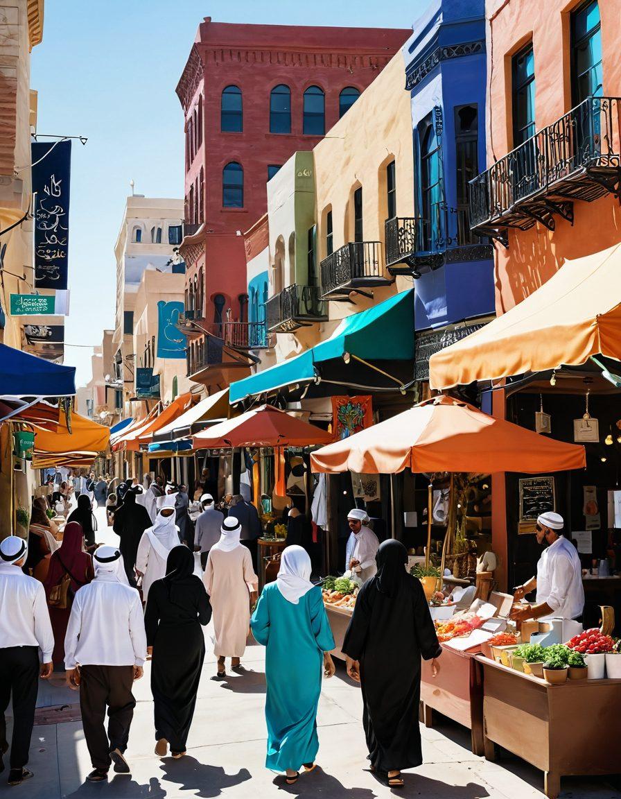 A dynamic scene showcasing Arab-American small business owners collaborating and sharing ideas, with a vibrant marketplace backdrop filled with diverse cultural elements, colorful stalls, and people engaging in conversation. Emphasize inclusivity with diverse voices and faces, and include architectural elements symbolizing bridges connecting these communities. Bright, optimistic colors to evoke empowerment and hope. super-realistic. vibrant colors. community-oriented.