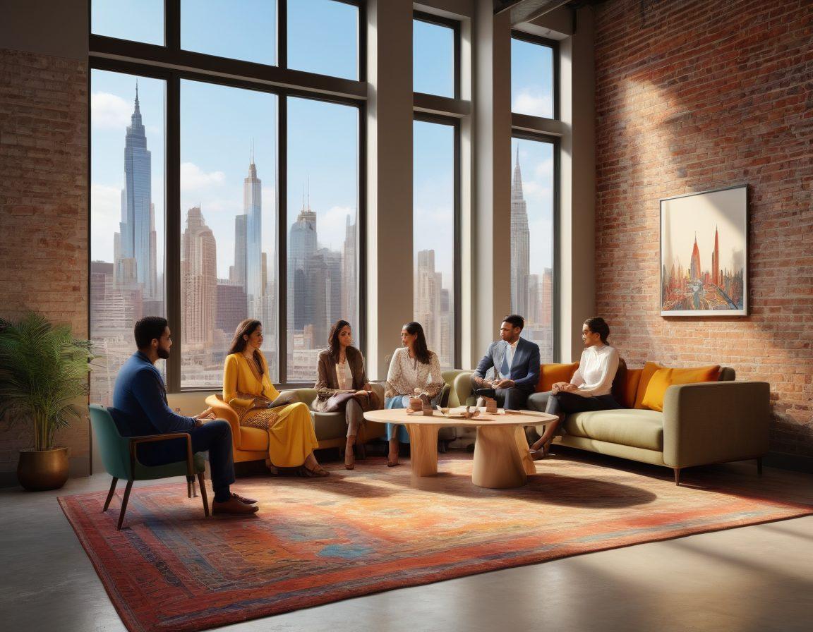 A dynamic scene showcasing a diverse group of Arab-American entrepreneurs engaged in a lively brainstorming session in a modern, stylish co-working space. Incorporate cultural elements, such as traditional patterns and fabrics, infused into contemporary decor. Include laptops, notebooks, and coffee cups to convey collaboration and innovation. A large window showing a city skyline symbolizes opportunity. vibrant colors. 3D. modern art.